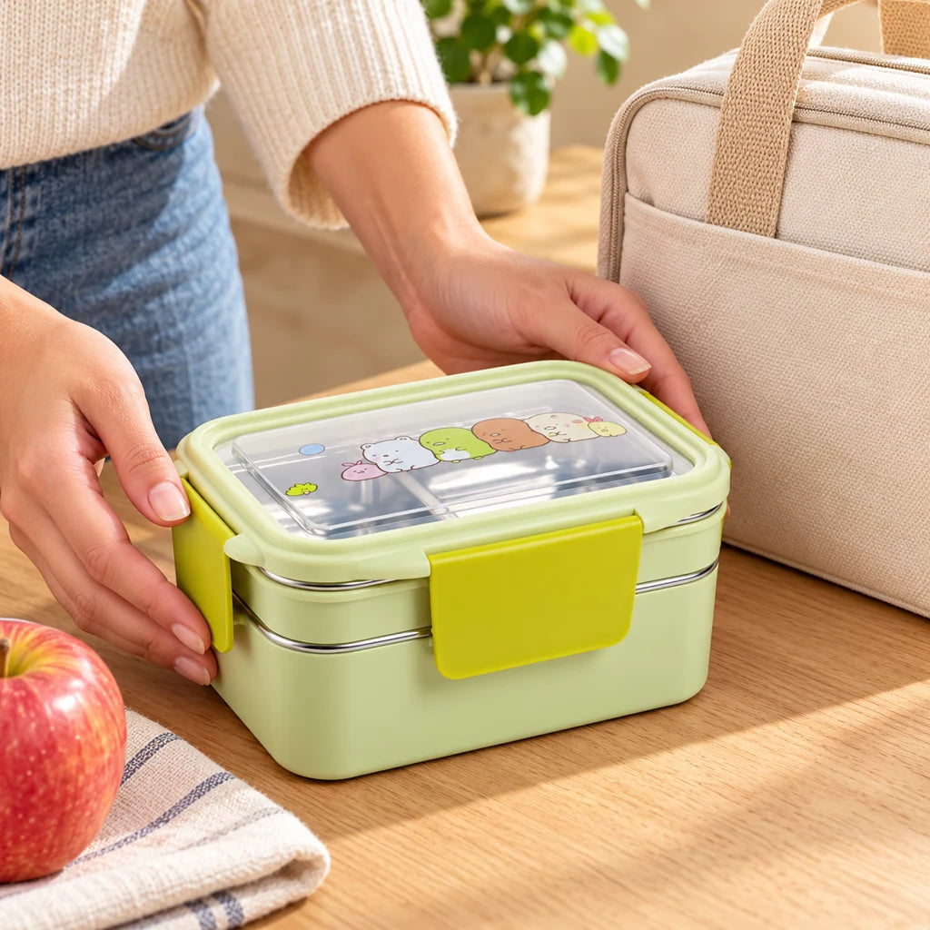 Green Compartmentalized Stainless Steel Kids Lunch Box Cartoon Patterns — view 2