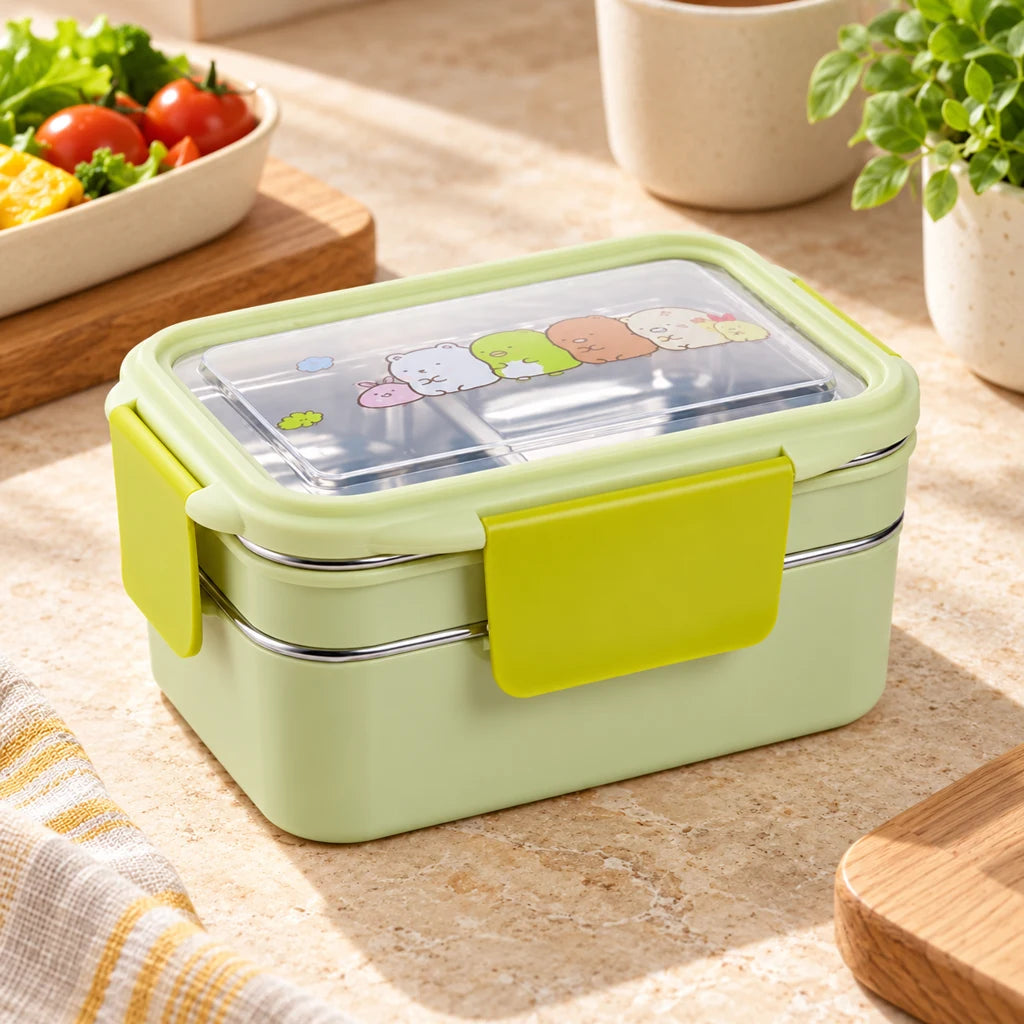 Green Compartmentalized Stainless Steel Kids Lunch Box Cartoon Patterns — view 3