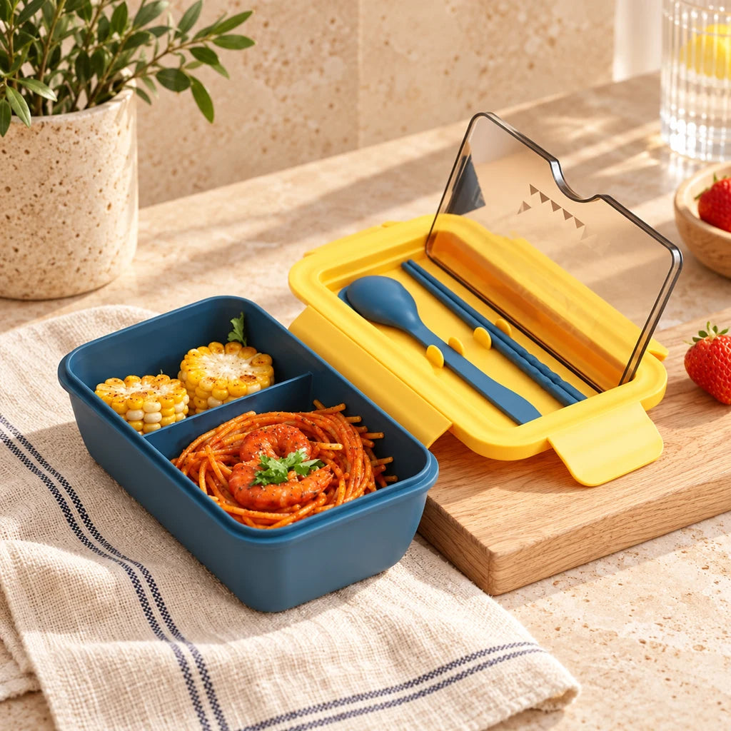Blue Chinese lunch box, double-compartment, microwave-safe