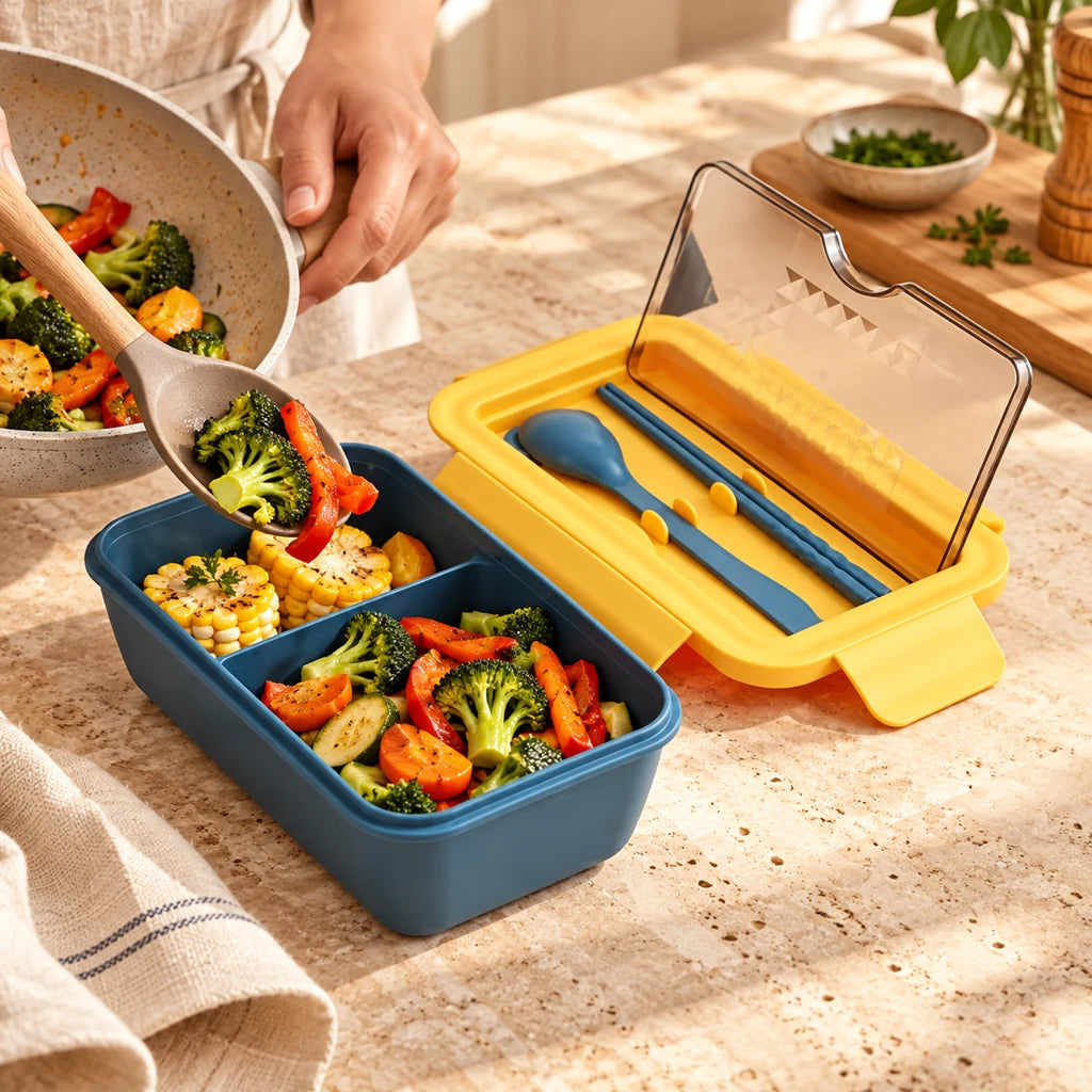 Blue Chinese lunch box, double-compartment, microwave-safe — view 2