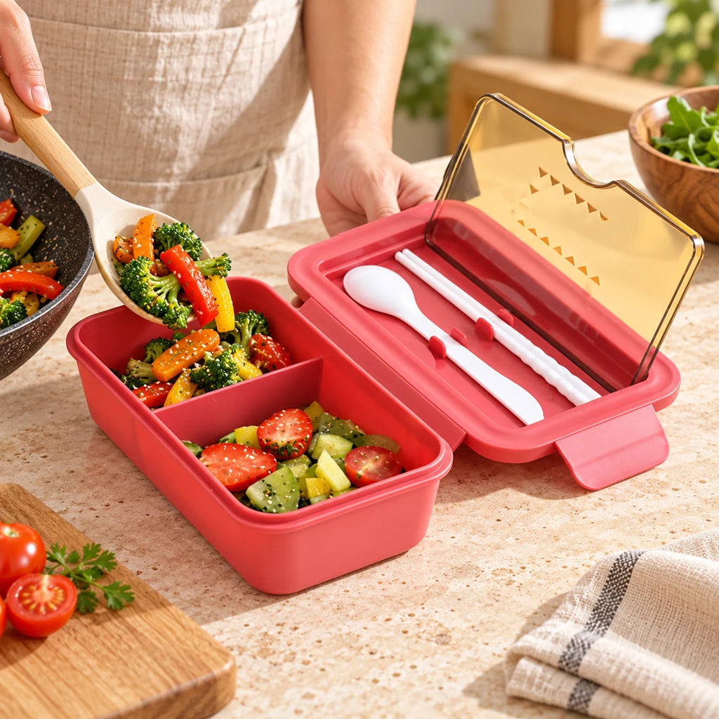 Red Chinese lunch box, double-compartment, microwave-safe — view 2