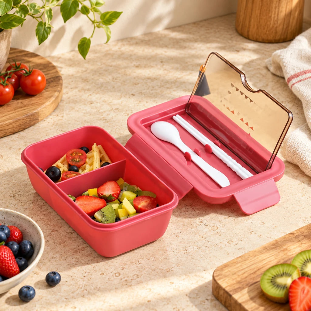 Red Chinese lunch box, double-compartment, microwave-safe — view 3