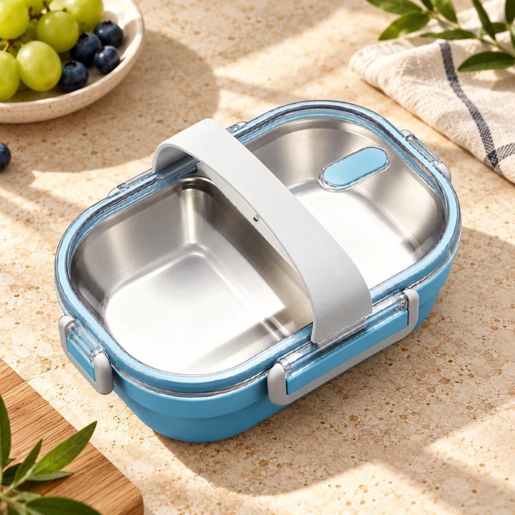 Blue Lunch Box with 2 Compartments and Clear Lid