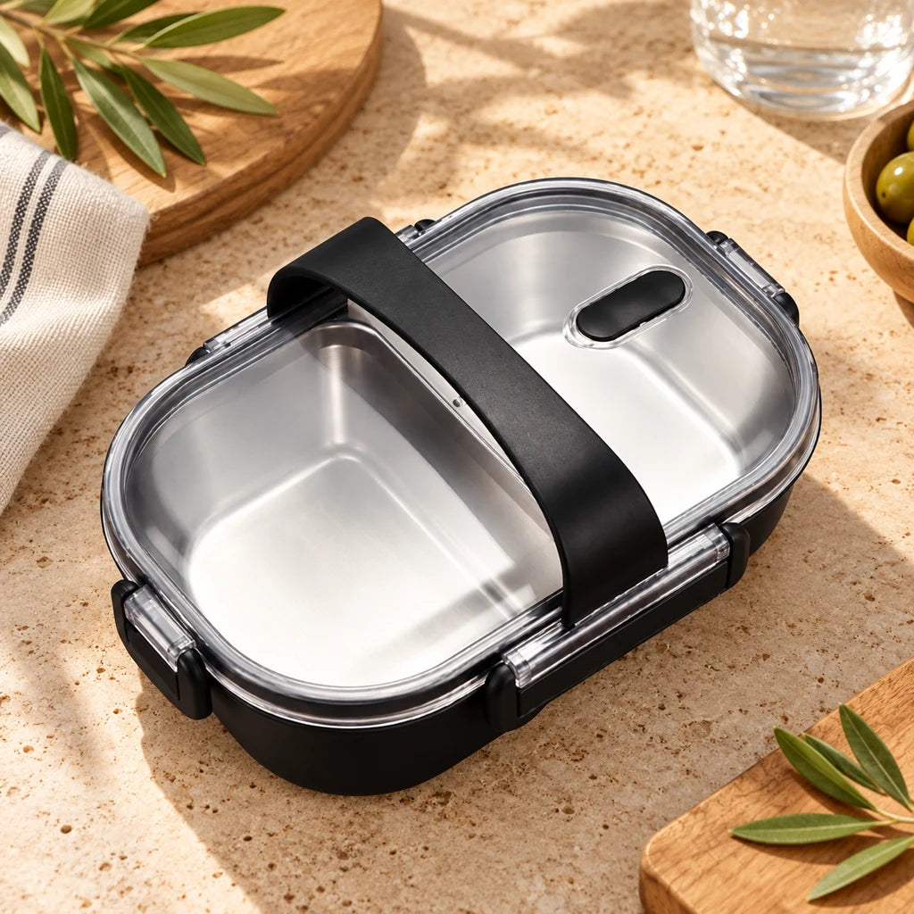 Black Lunch Box with 2 Compartments and Clear Lid