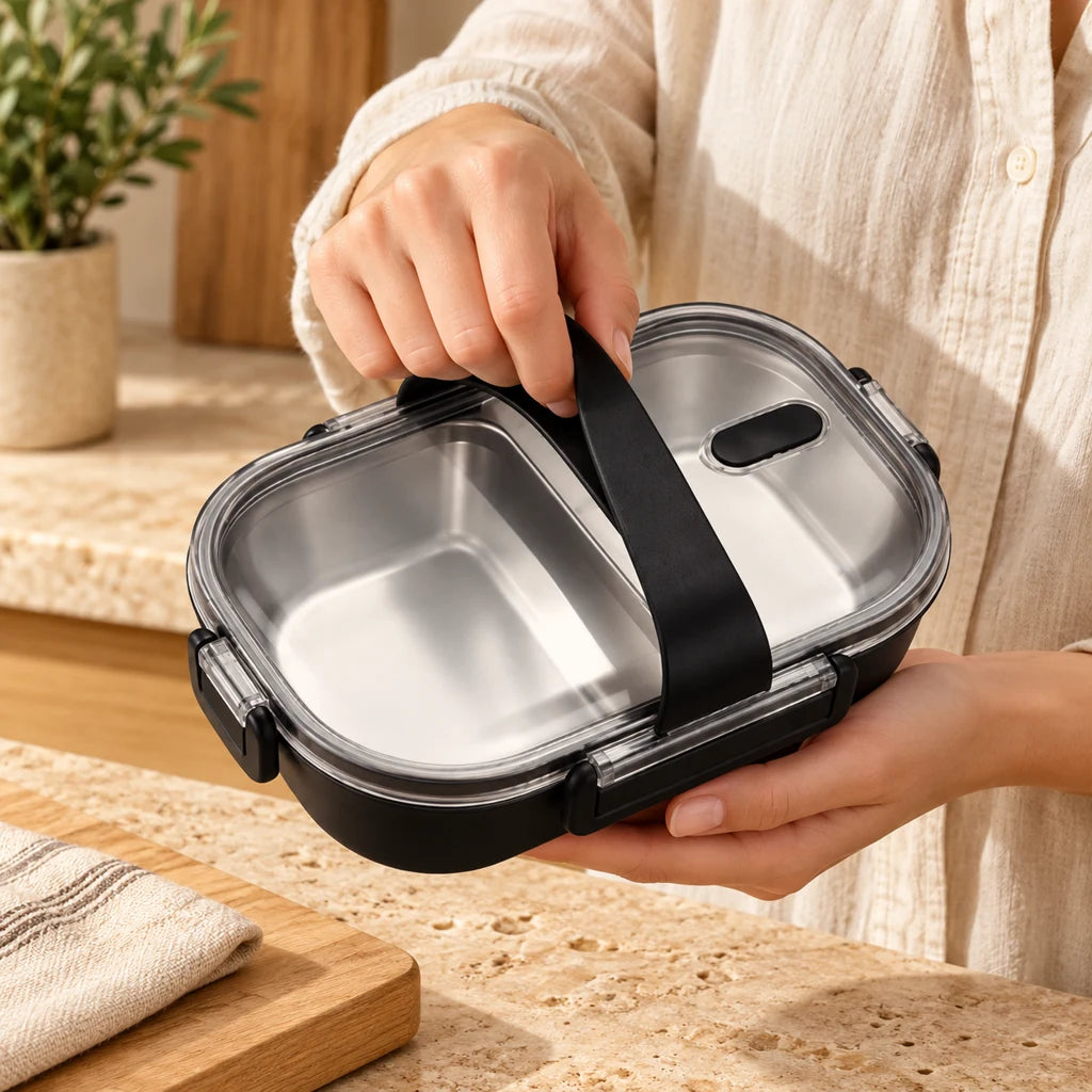 Black Lunch Box with 2 Compartments and Clear Lid — view 2