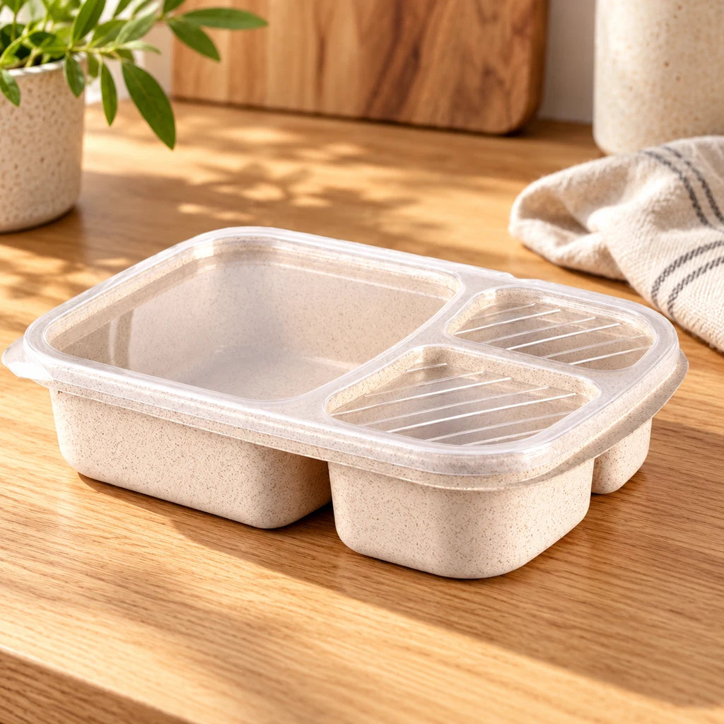 Beige wheat fiber lunch box, triple-compartment, microwave-safe