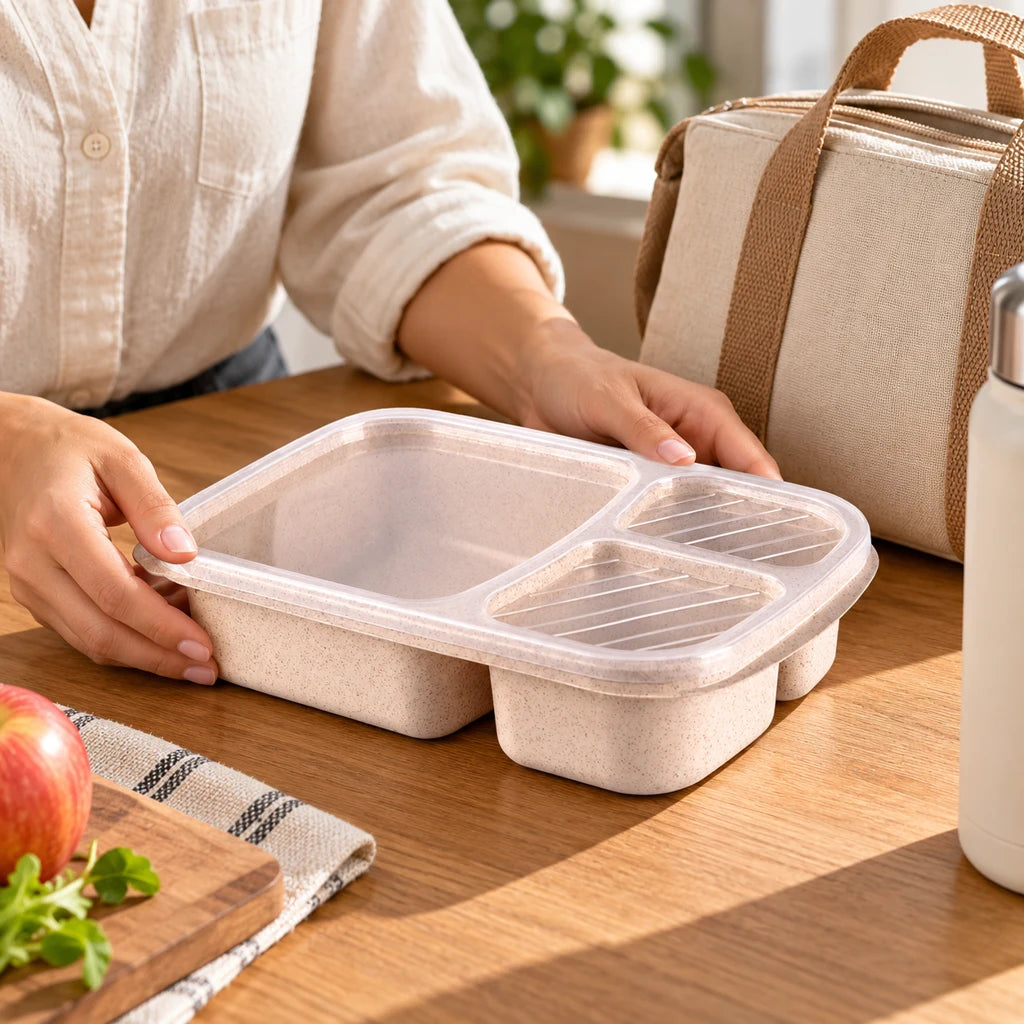 Beige wheat fiber lunch box, triple-compartment, microwave-safe — view 2
