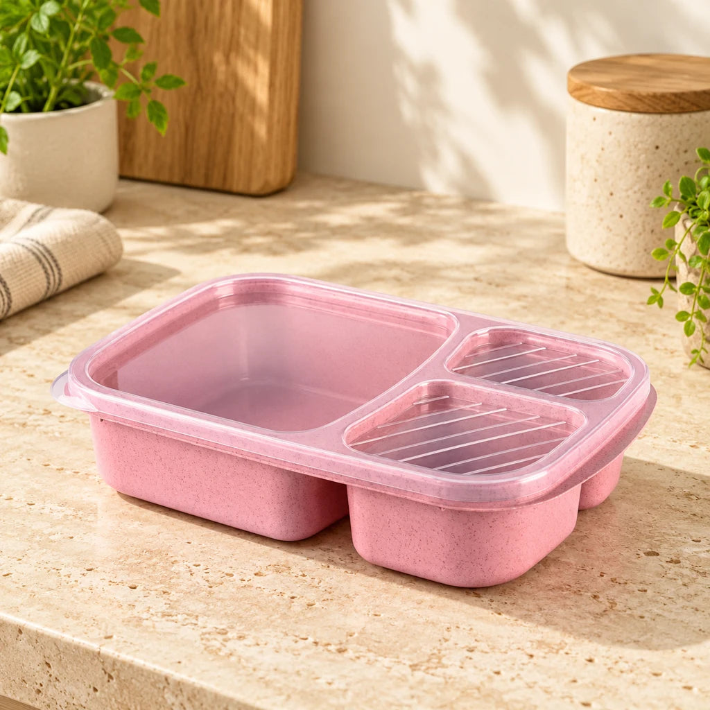 Pink wheat fiber lunch box, triple-compartment, microwave-safe