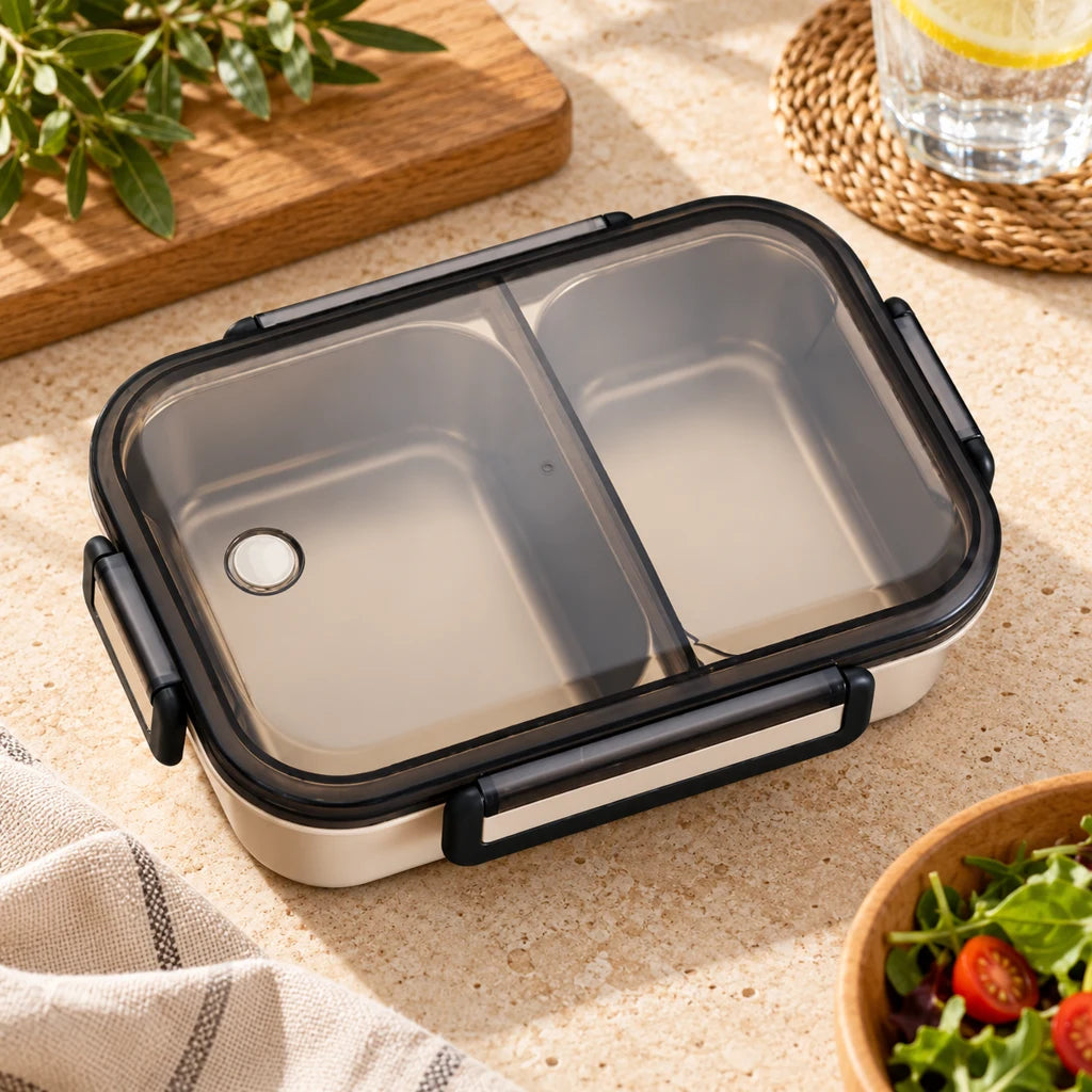 White stainless steel lunch box, double-compartment, with clear lid