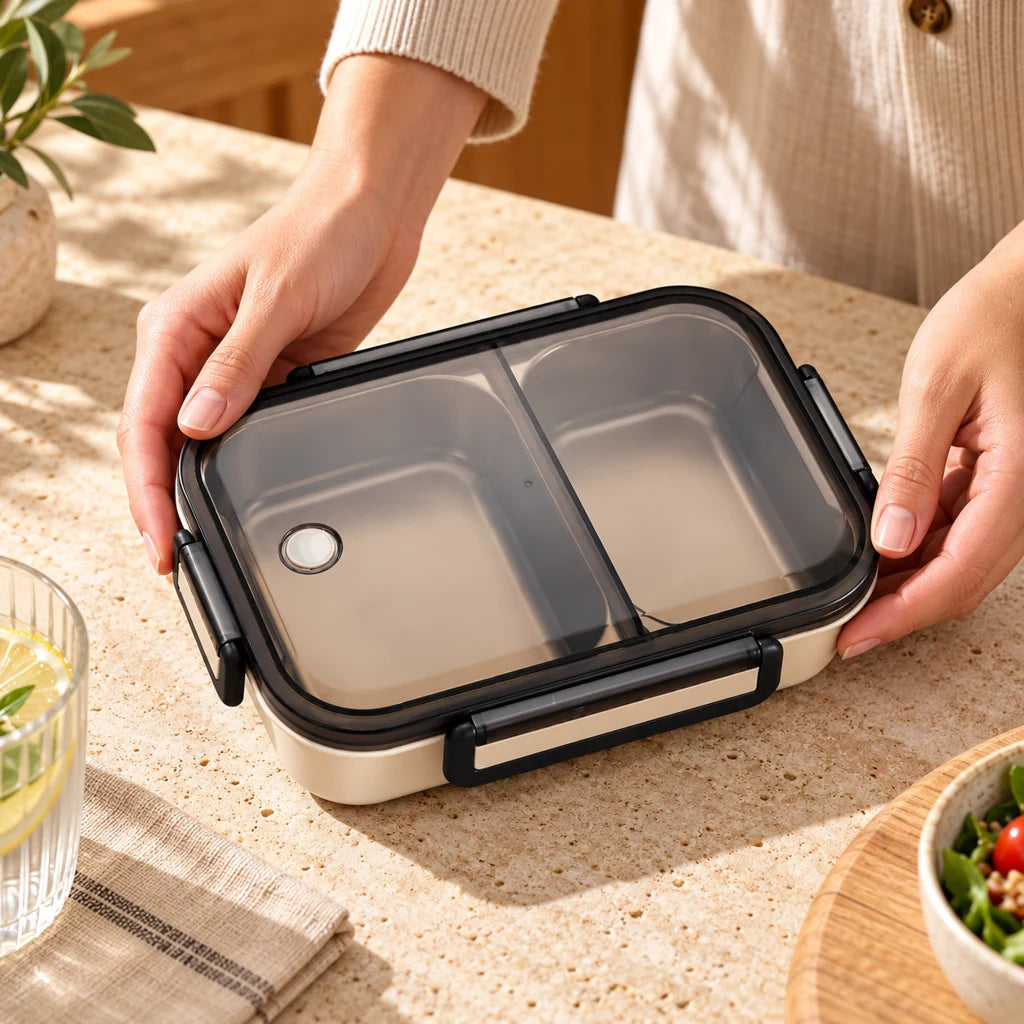 White stainless steel lunch box, double-compartment, with clear lid — view 2