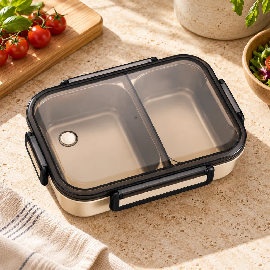 White stainless steel lunch box, double-compartment, with clear lid — view 3