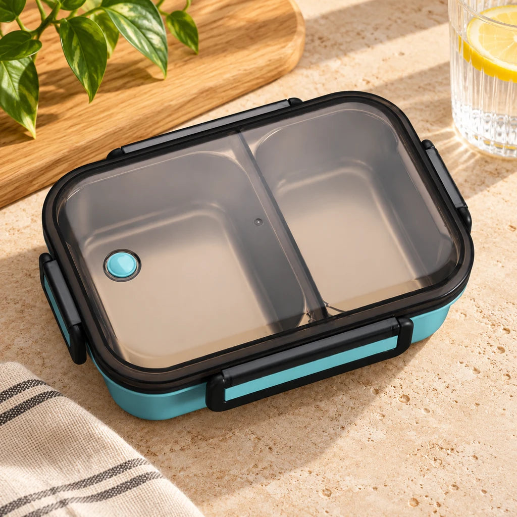 Blue stainless steel lunch box, double-compartment, with clear lid