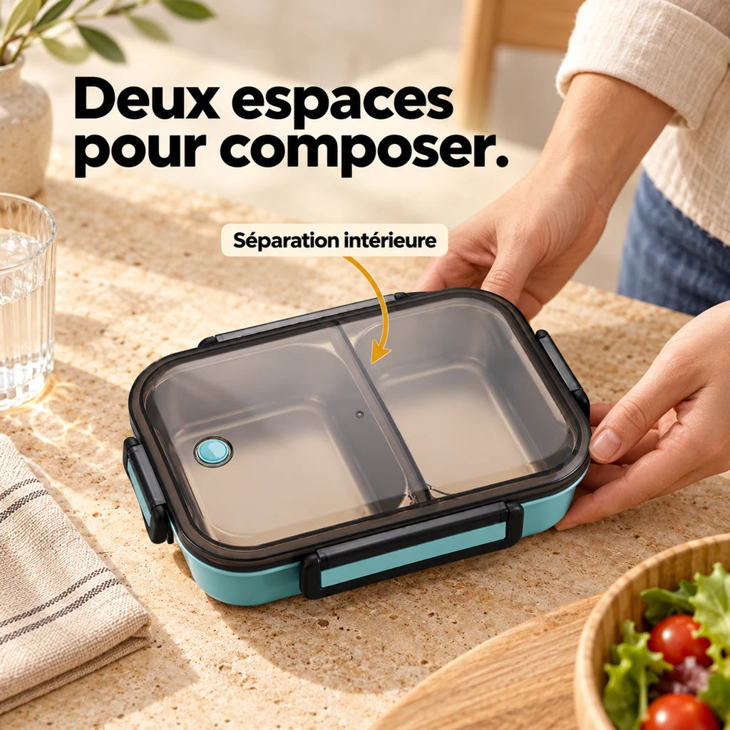 Lunch Box Inox Bleue Double-compartiment avec Couvercle transparent — vue 2