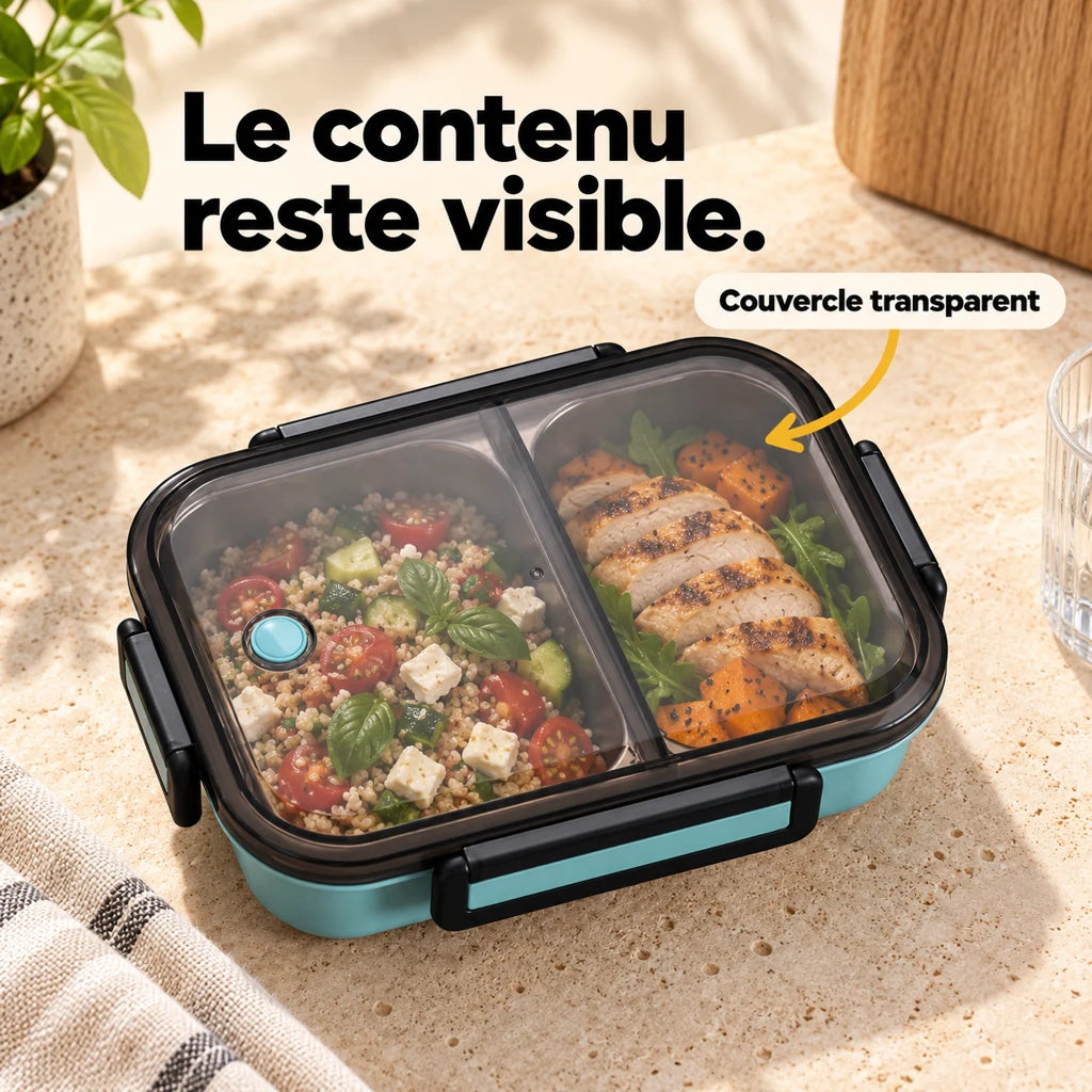 Lunch Box Inox Bleue Double-compartiment avec Couvercle transparent — vue 3