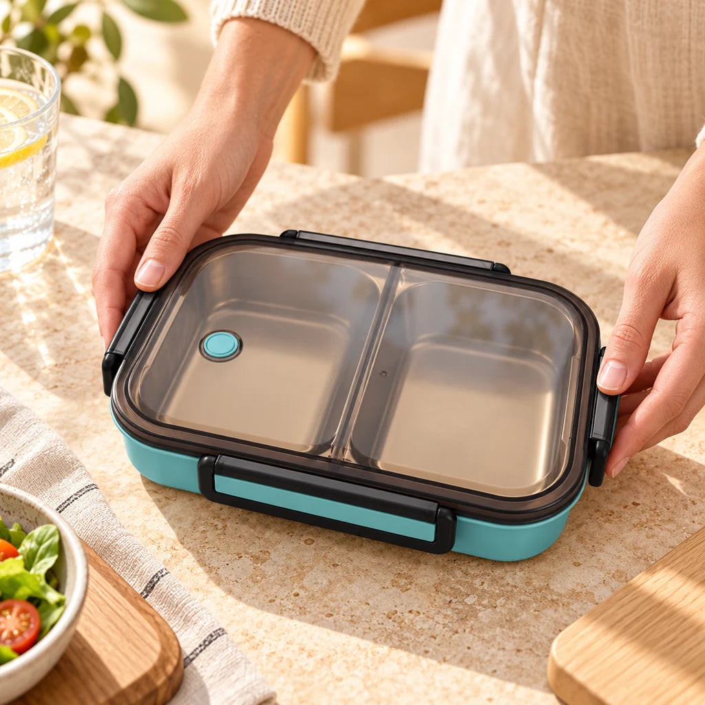 Blue stainless steel lunch box, double-compartment, with clear lid — view 2