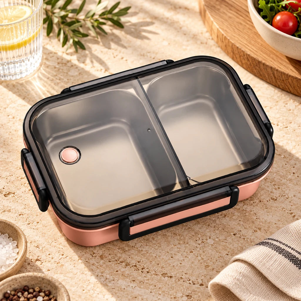 Pink Stainless Steel Lunch Box with 2 Compartments and Clear Lid