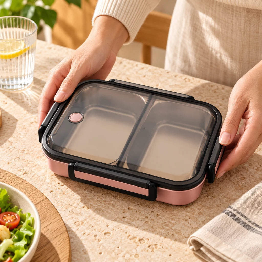 Pink Stainless Steel Lunch Box with 2 Compartments and Clear Lid — view 2