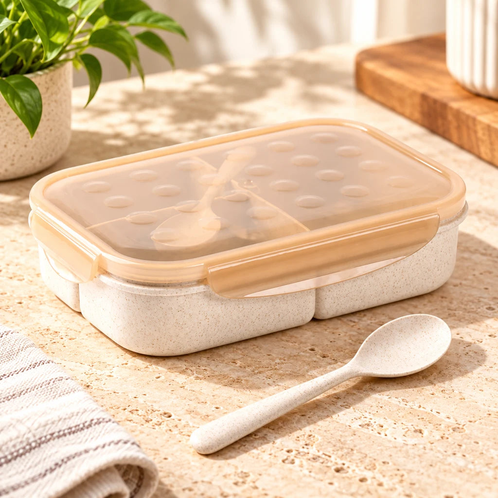 Orange Triple-Compartment Wheat Fiber Lunch Box