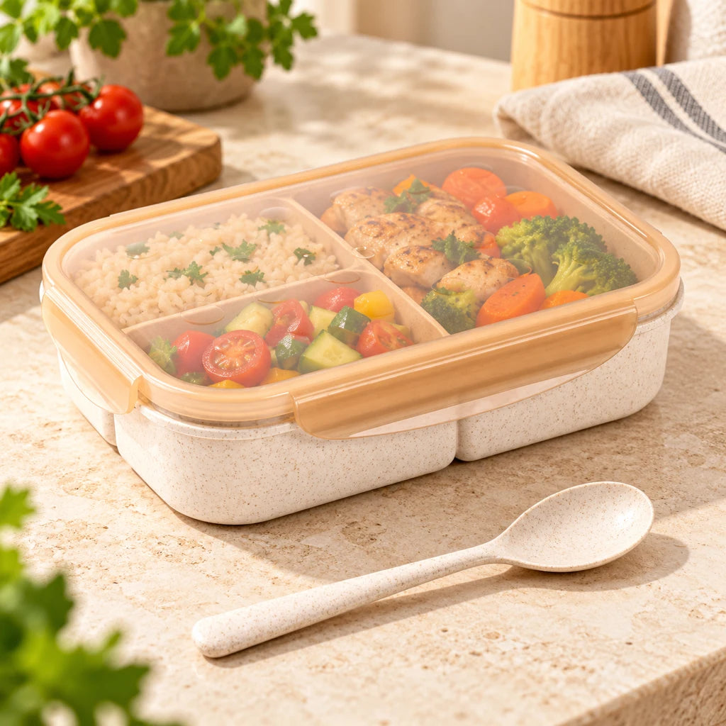 Orange Triple-Compartment Wheat Fiber Lunch Box — view 2