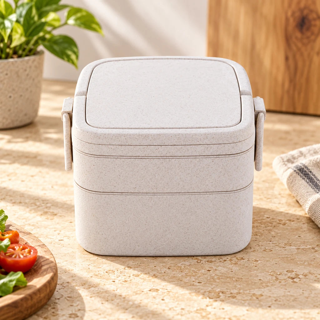 Double-Tier Wheat Fiber Lunch Box with Beige and White Handle