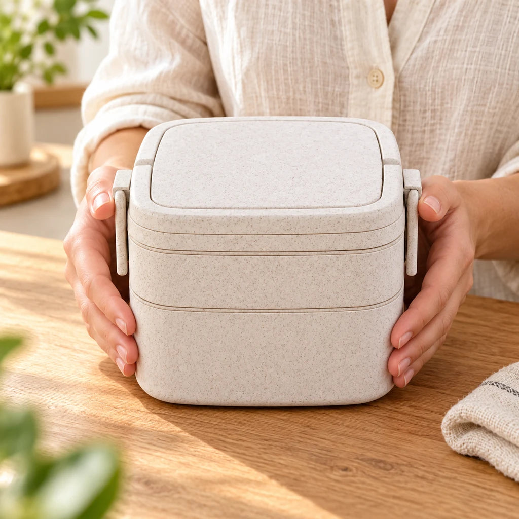 Double-Tier Wheat Fiber Lunch Box with Beige and White Handle — view 2