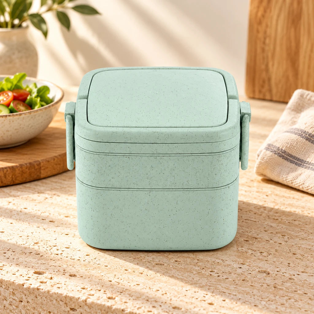 Two-Tier Wheat Fiber Lunch Box with Green Handle