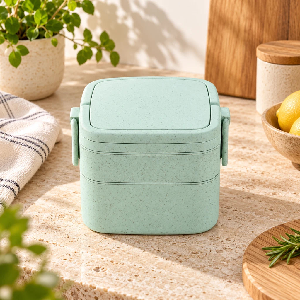 Two-Tier Wheat Fiber Lunch Box with Green Handle — view 3