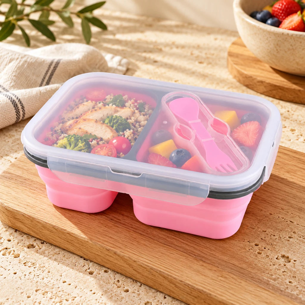 Pink Silicone Double-Compartment Lunch Box