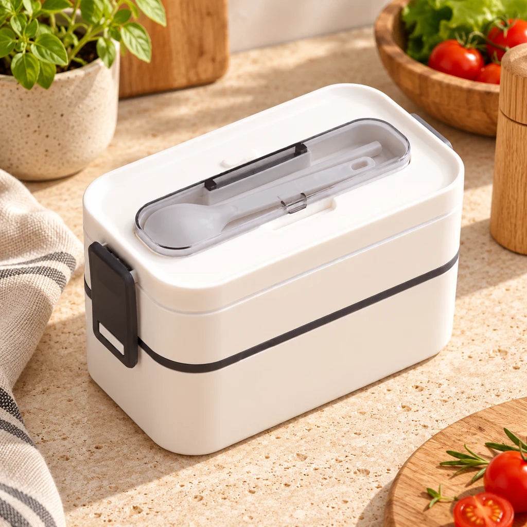 Microwave-Safe Plastic Bento Box 2-Tier White — view 2