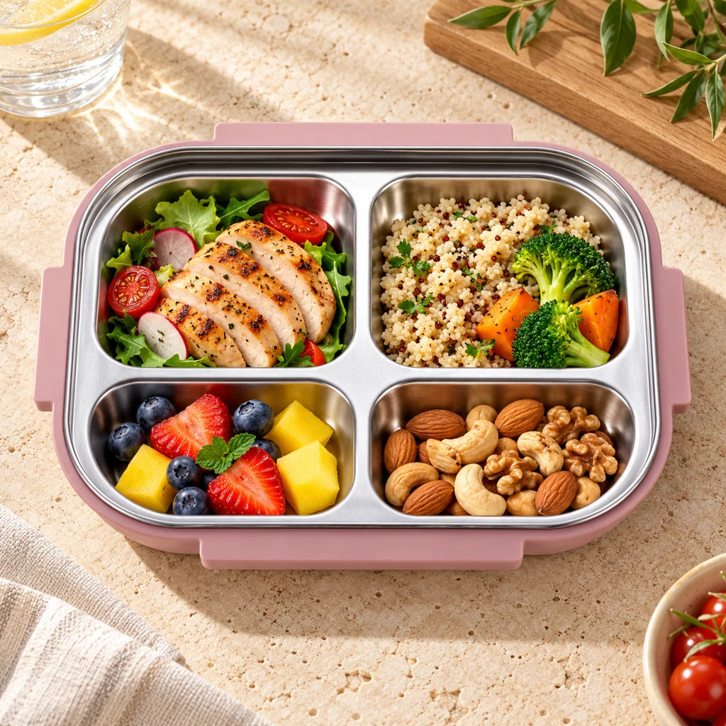 Pink Insulated Compartmentalized Japanese Stainless Steel Food Bowl