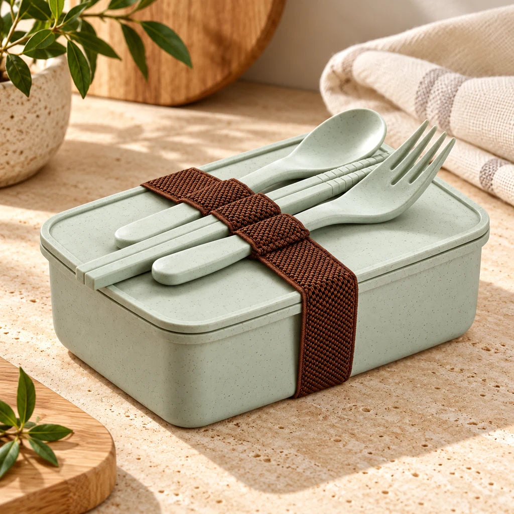 Green bamboo bento lunch box with utensils