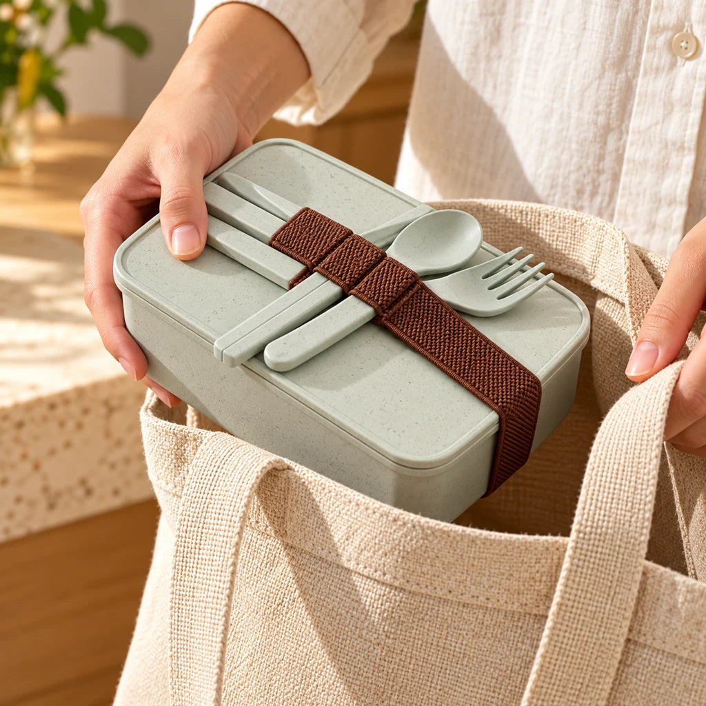 Green bamboo bento lunch box with utensils — view 2