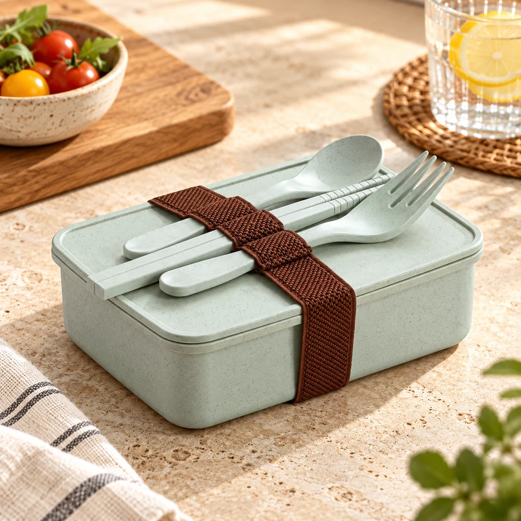 Green bamboo bento lunch box with utensils — view 3