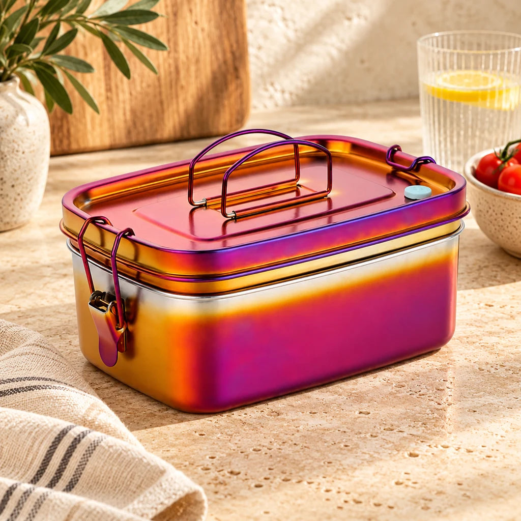 Orange-red stainless steel lunch box with handle