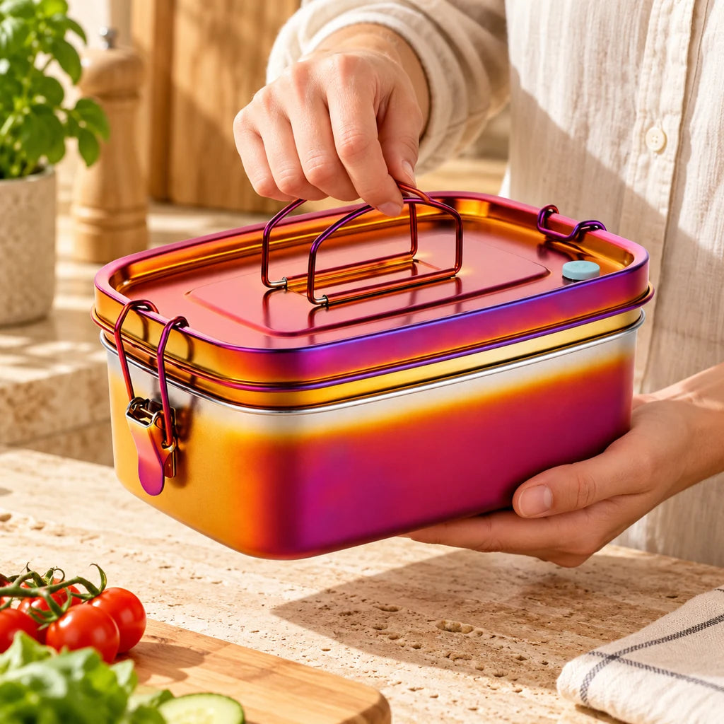 Orange-red stainless steel lunch box with handle — view 2