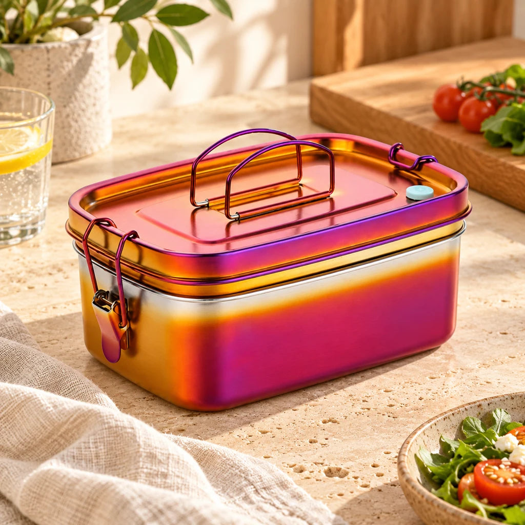 Orange-red stainless steel lunch box with handle — view 3