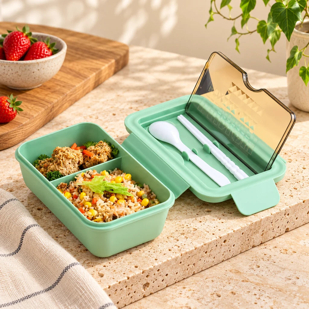 Green Chinese lunch box, double-compartment, microwave-safe