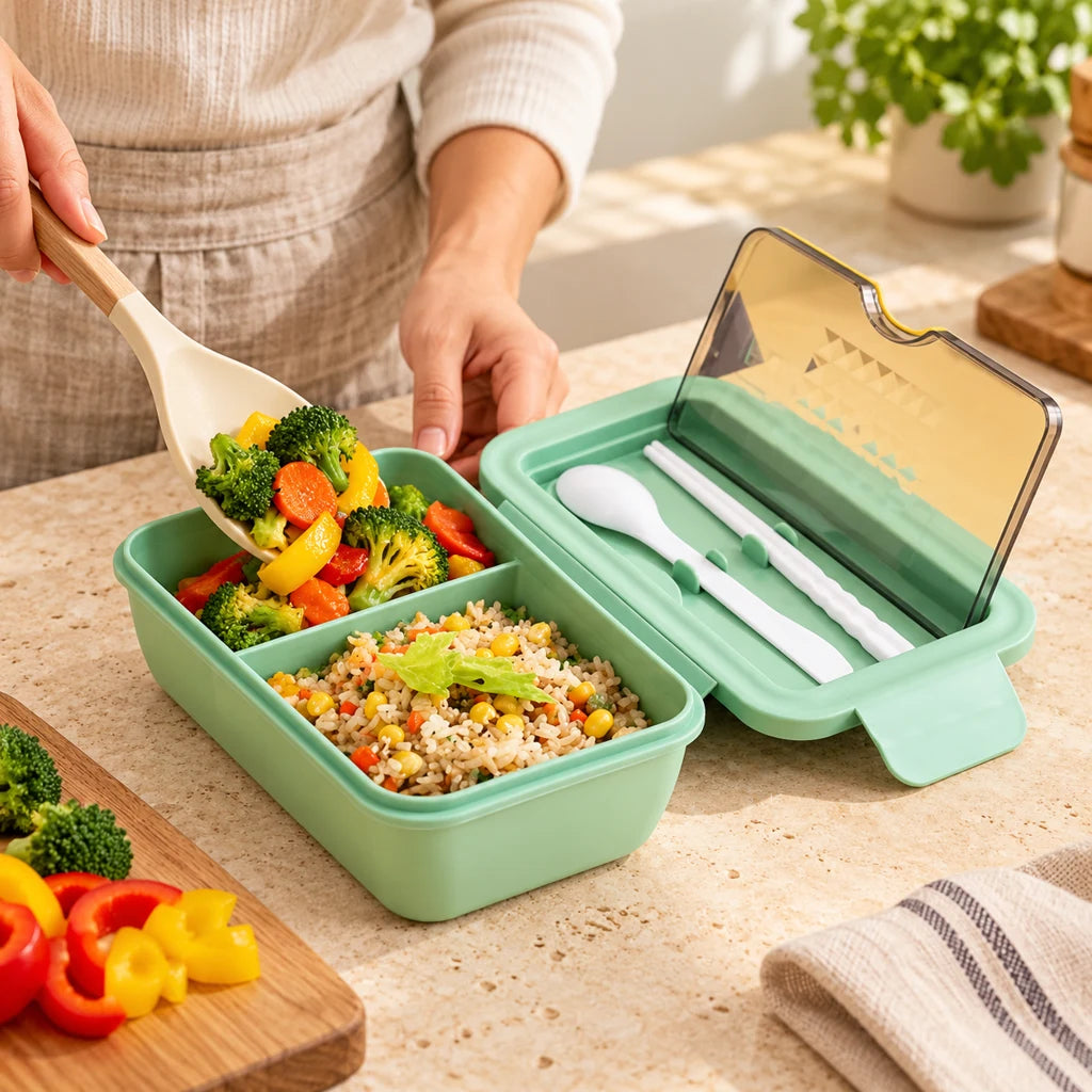 Green Chinese lunch box, double-compartment, microwave-safe — view 2