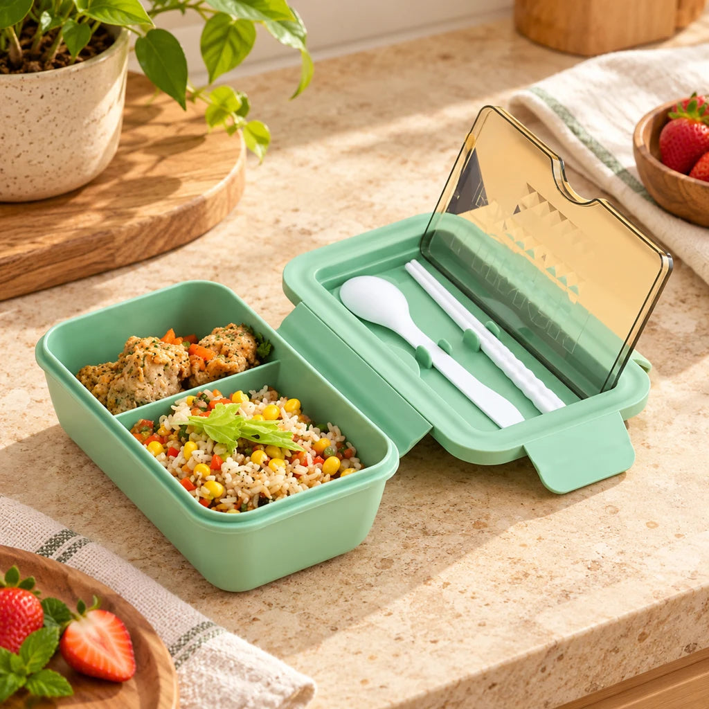 Green Chinese lunch box, double-compartment, microwave-safe — view 3