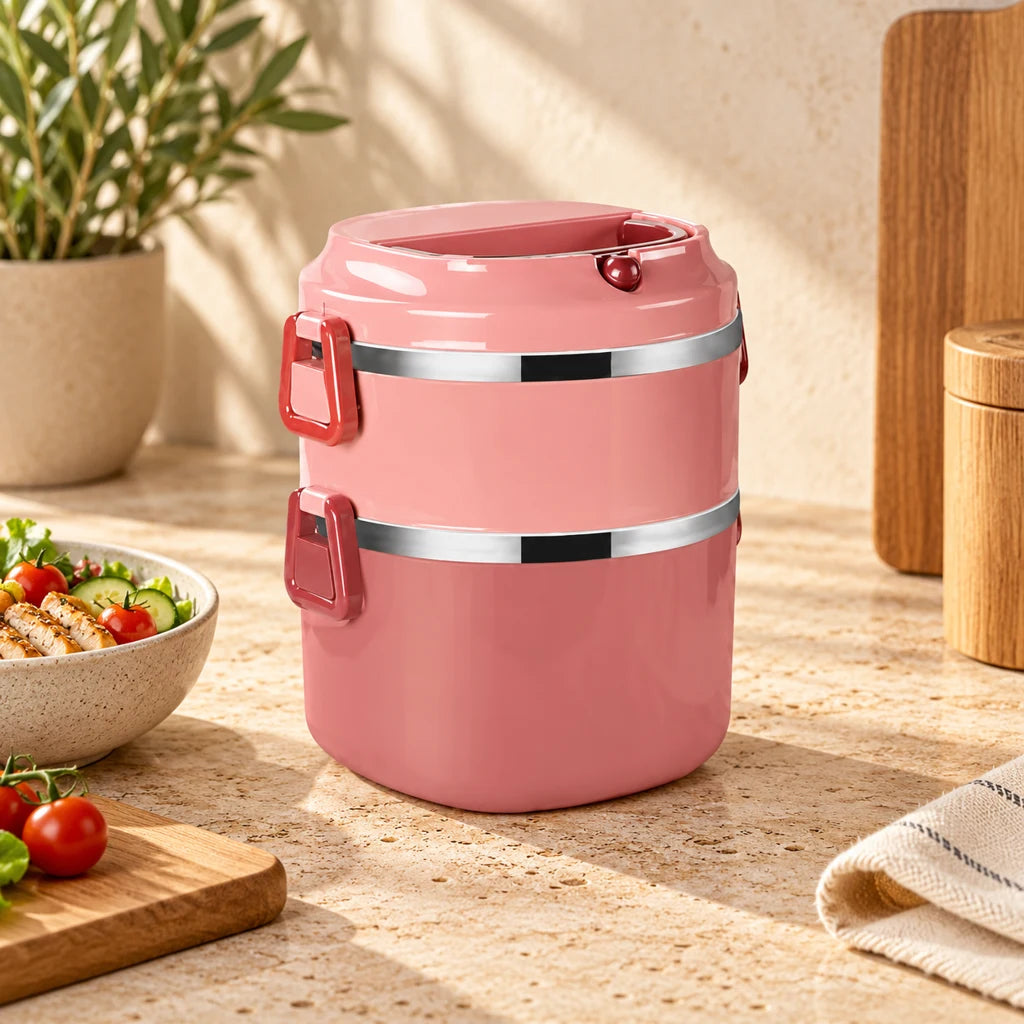 Insulated Multi-Tier Lunch Box Pink Stainless Steel with Handle