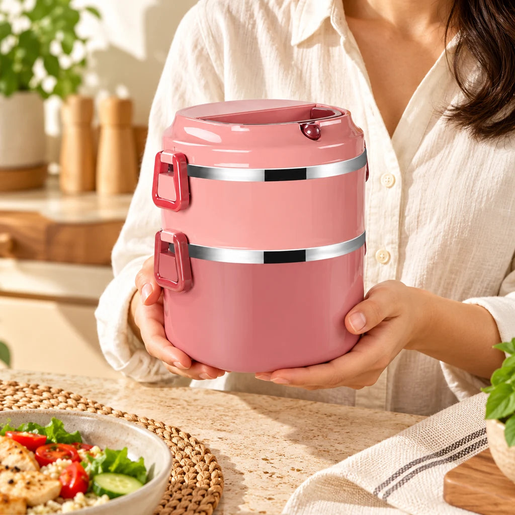 Insulated Multi-Tier Lunch Box Pink Stainless Steel with Handle — view 2