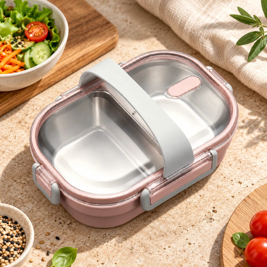 Pink Lunch Box with 2 Compartments and Clear Lid