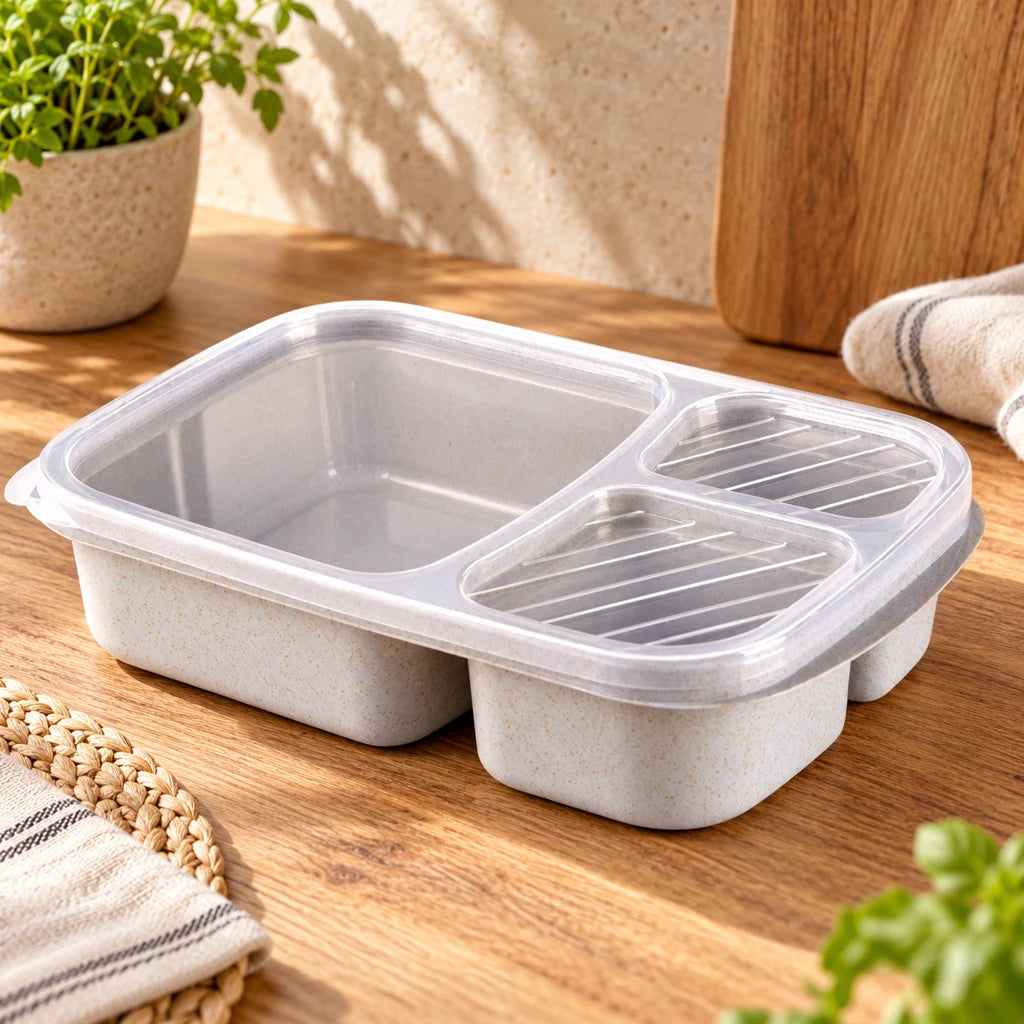 Blue wheat fiber lunch box, triple-compartment, microwave-safe