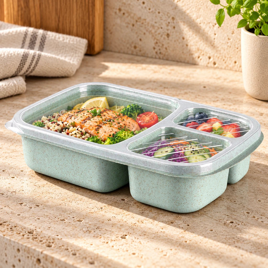 Green wheat fiber lunch box, triple-compartment, microwave-safe