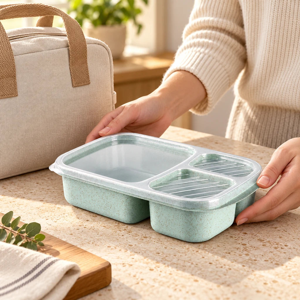 Green wheat fiber lunch box, triple-compartment, microwave-safe — view 2