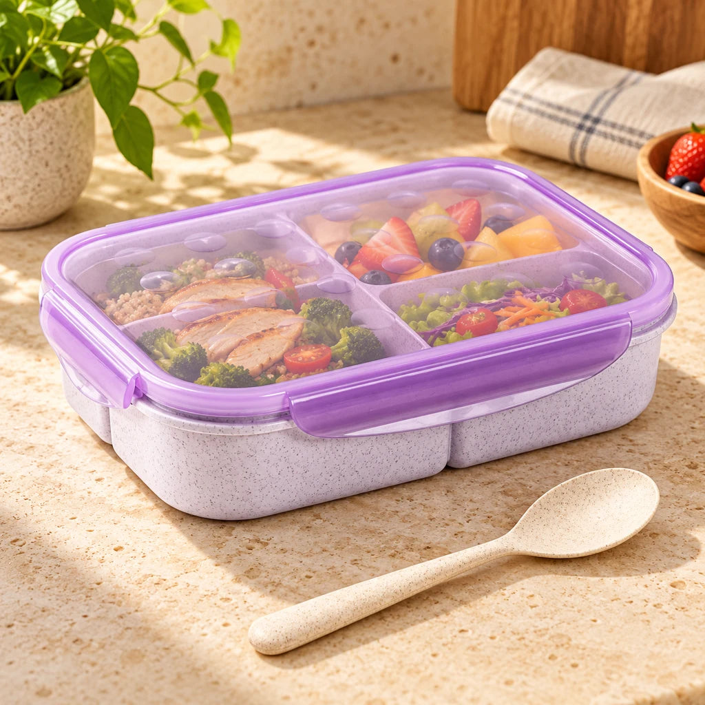 Purple Triple-Compartment Lunch Box in Wheat Fiber