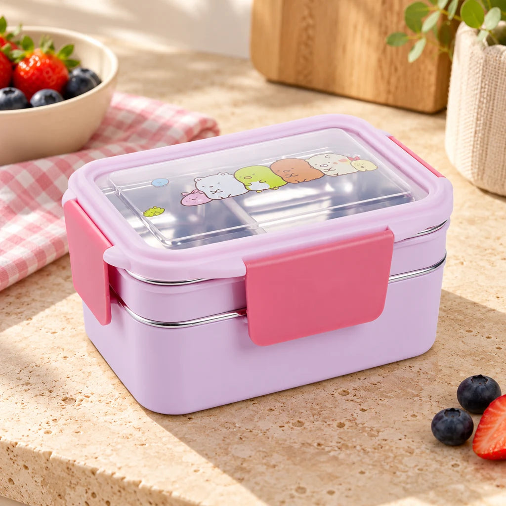 Compartmented Stainless Steel Kids Lunch Box Purple Pink Cartoon Designs