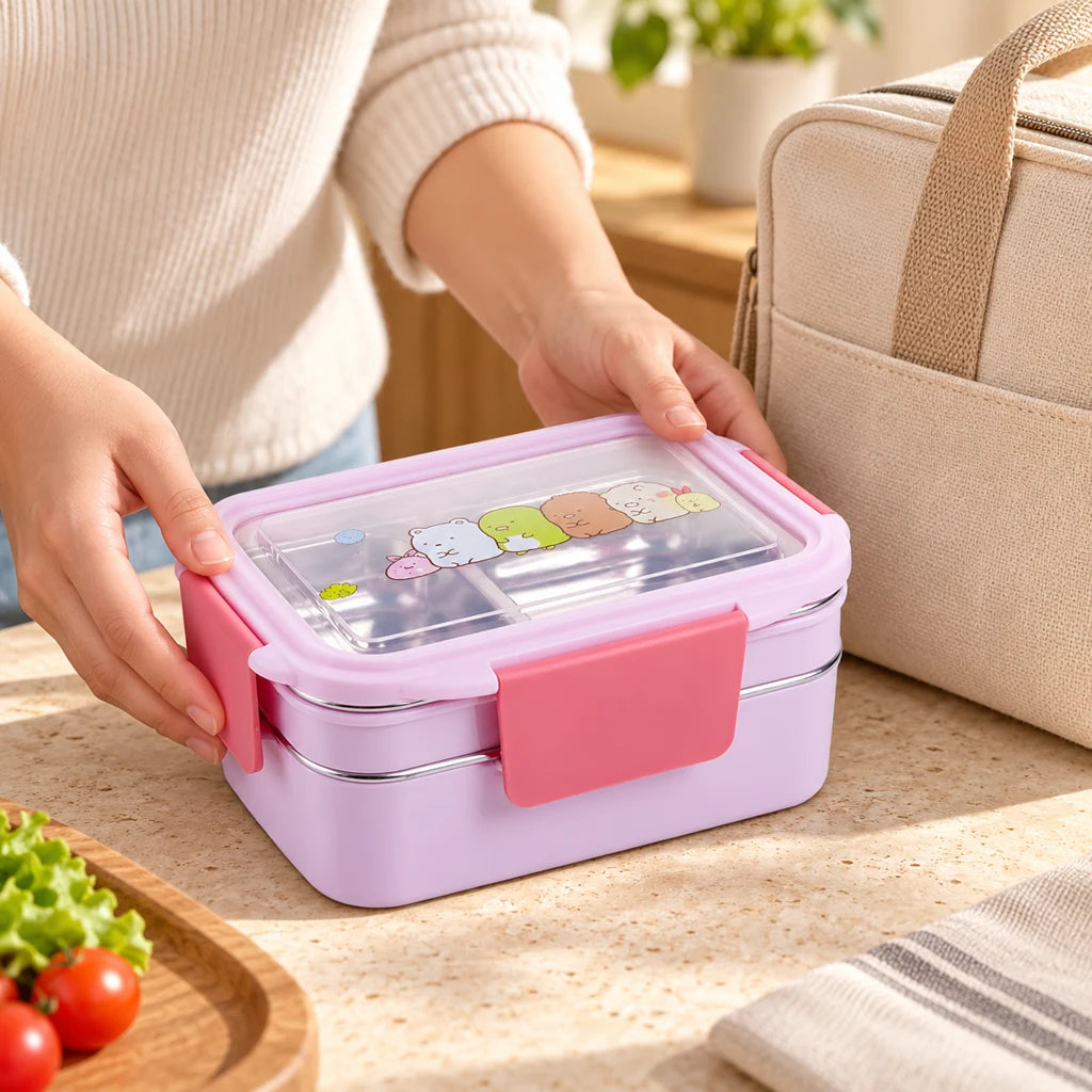 Compartmented Stainless Steel Kids Lunch Box Purple Pink Cartoon Designs — view 2