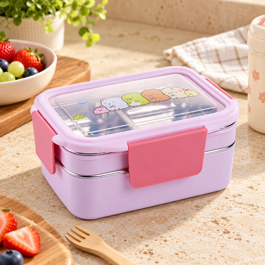 Compartmented Stainless Steel Kids Lunch Box Purple Pink Cartoon Designs — view 3