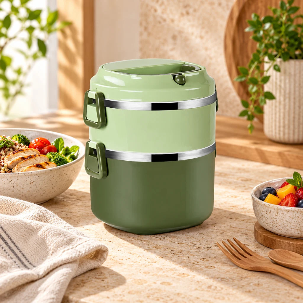 Insulated Multi-Tier Lunch Box Green Stainless Steel with Handle